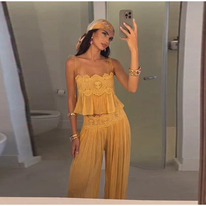 Beach Lace Hollow Out Women's Summer Pants Sets Lace Up Backless Spaghetti Strap Crop Top Loose Pleated Lantern Pant 2026 Suit
