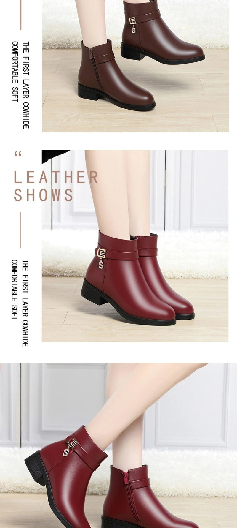 High-Heeled Leather Shoes Spring Single Shoes Thick Heel Thick Sole Slip-On Women's Shoes Square Toe Middle-Aged Mother's Shoes