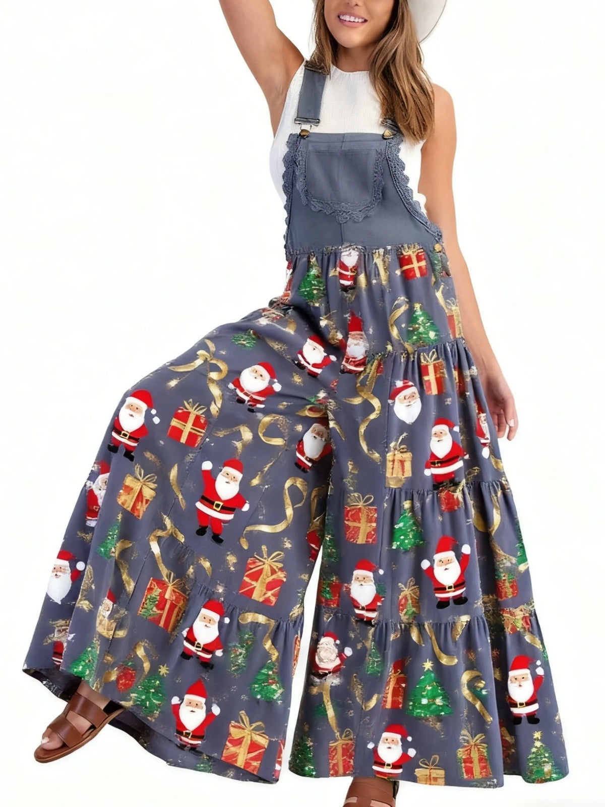 Xingqing Sexy Women Jumpsuits Christmas Themed Print Lace Patchwork Sleeveless Baggy Wide Leg Overalls Streetwear with Pocket