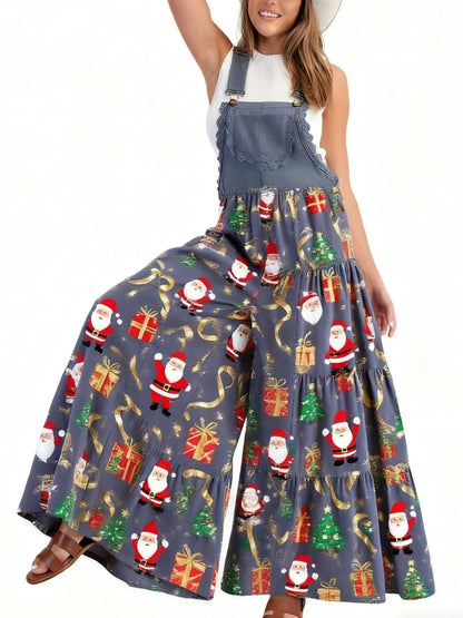 Xingqing Sexy Women Jumpsuits Christmas Themed Print Lace Patchwork Sleeveless Baggy Wide Leg Overalls Streetwear with Pocket