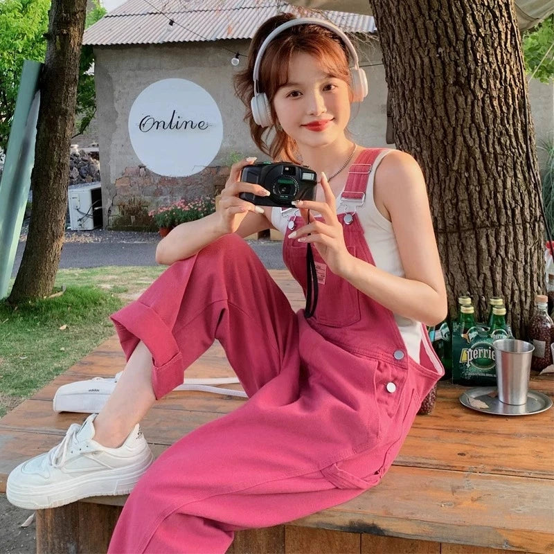 Vintage Pink Denim Overalls Adjustable Strap Wide Leg Jumpsuit Y2K Cute Campus Casual Pants