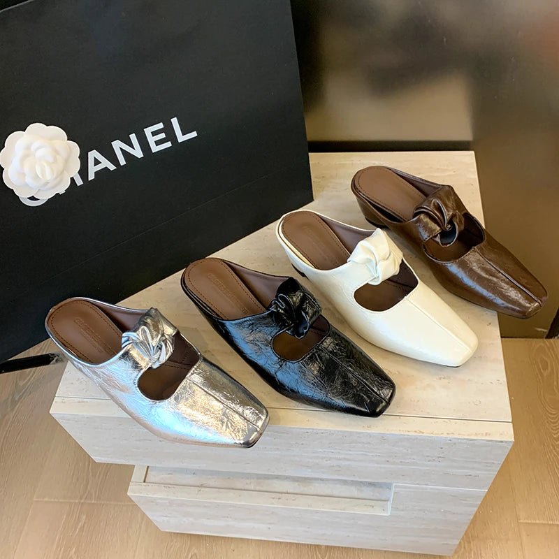 Women Heeled Sandals Slingback Mules Leather Shoes Summer Slippers 2026 Luxury Mary Jane Shoes Comfort Flip Flops Mujer Slides
