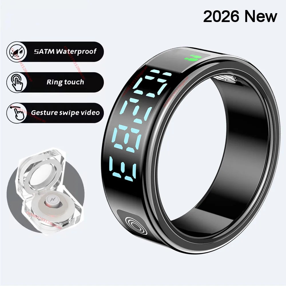2026 R12 Smart Ring with Display Screen and Touch, Wireless Charging, Health Manager 5ATM Waterproof For Men Women Smartring New