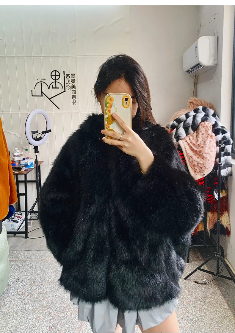 Nerazzurri Autumn Winter Oversized White Black Warm Shaggy Hairy Faux Fur Coat Women with Hood Loose Casual Fluffy Jacket 2023