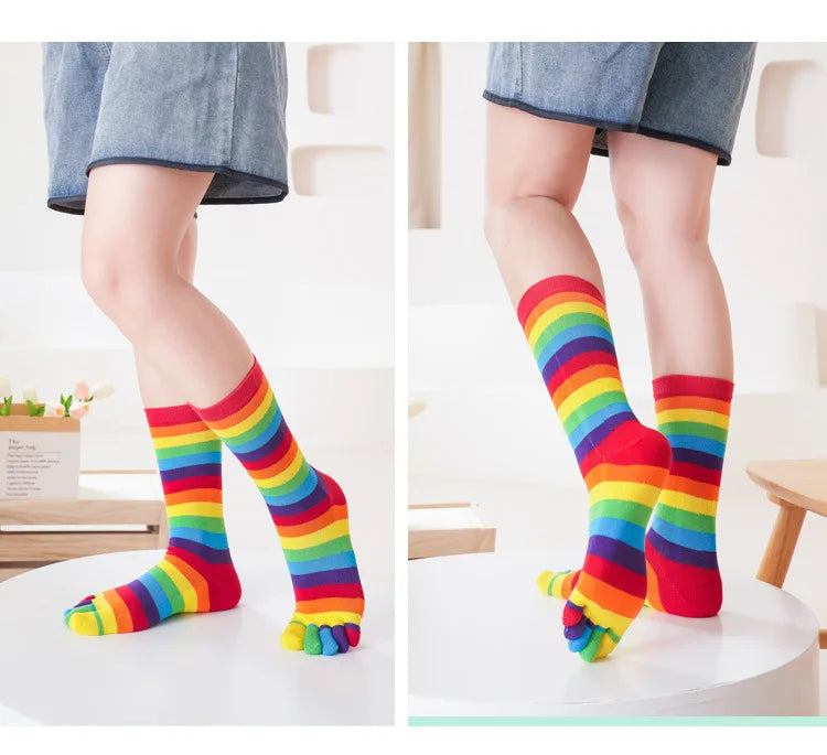 Split Toe Rainbow Socks Woman Lady Girls Colorful Striped 5 Finger Socks Cotton Bright Color Young Fashion Happy Socks with Toes