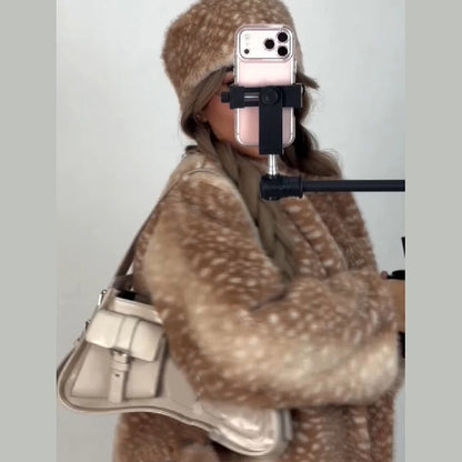 Retro Cute Deer Spot Faux Fur Coat Women Soft Furry Texture Vintage Oversized Jacket 2026 New Warm Elegant Women Street Outwear