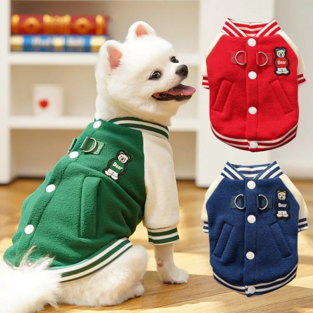 Winter Warm Puppy Coat with D Ring Button Pet Outdoor Jacket Cat Supplies Fleece Clothing Baseball Uniform Sport Suit