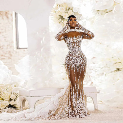 Gorgeous Applique Long Wedding Dress Beaded Lace Mermaid Bride Dresses Beading See Through Illusion Wedding Gown with Sleeves