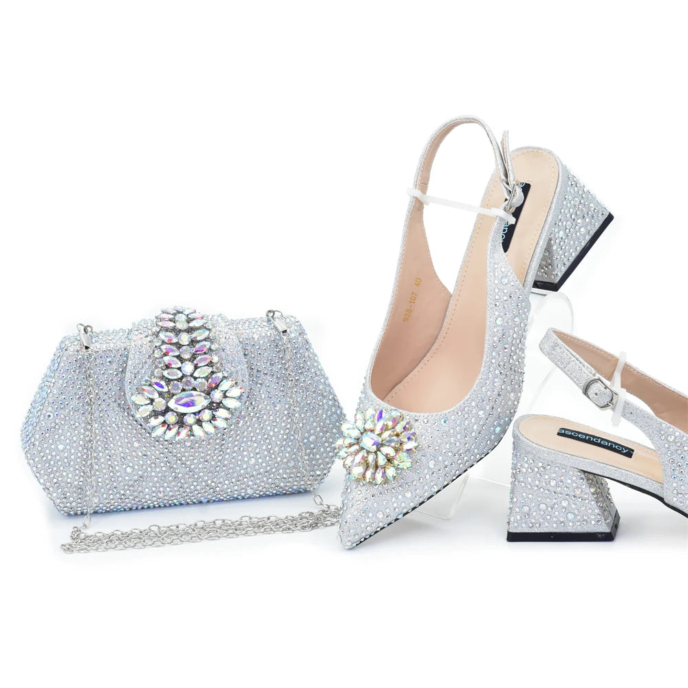 New Fashion Italian Design Rhinestone Pointed-Toe High Heel Shoes & Matching Bag Set Shoe and Bag Set for Nigeria Party Italy