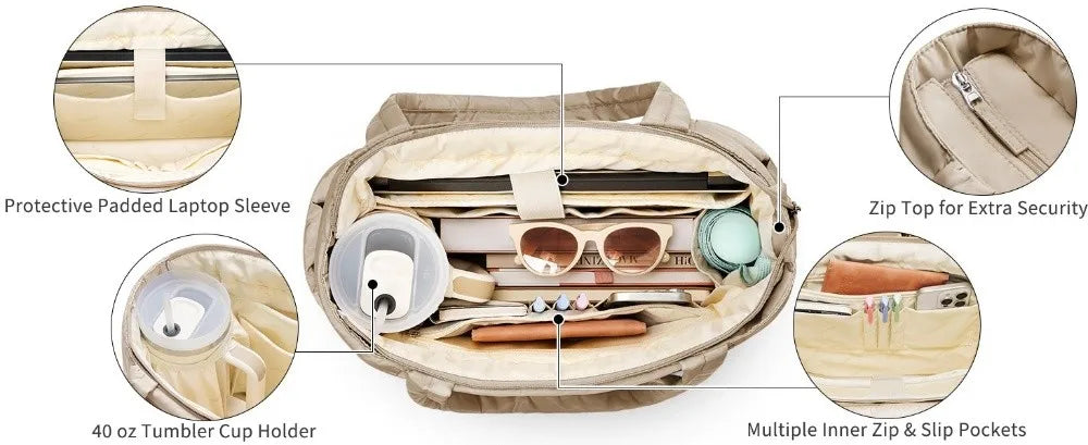 Large Capacity Puffer Tote Bag for Women Multiple Pockets with Coin Purse Commuting Bags Lightweight Water-resistant Mom Bag
