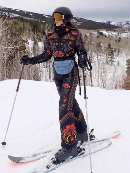 Floral Print One Piece Ski Suit Fashion Hooded Waterproof Thermal Snowboard Jumpsuit 2026 Winter Outdoor Windproof Snow Outfit