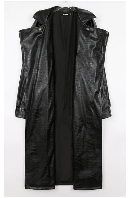 Nerazzurri Spring Autumn Long Oversized Colorful Snakeskin Print Patent Leather Trench Coat for Women Belt Runway Fashion 2022