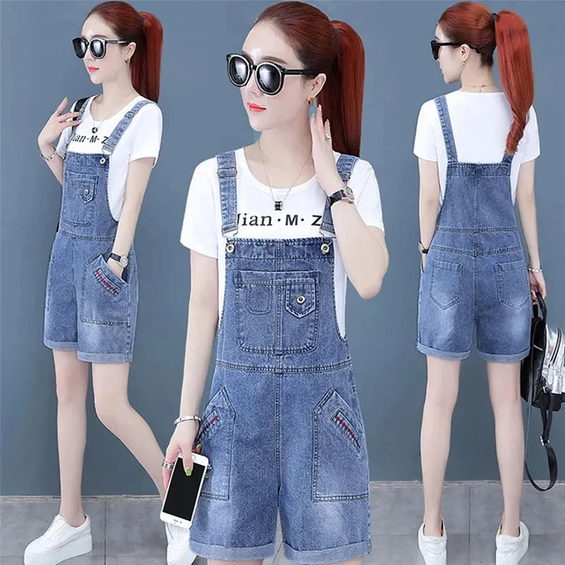 Denim Rompers Women Summer Baggy Solid Suspender Jeans Student Jeans Jumpsuit Korean Style Casual Denim Shorts Strap Dresses