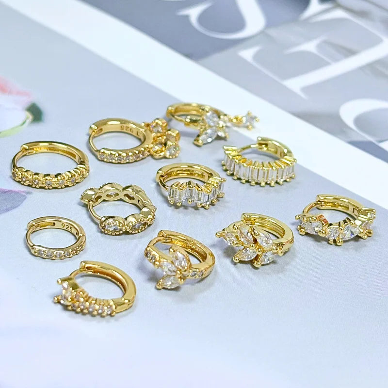 Women's 925 Sterling Silver Ear Needle Crystal Zircon Water Droplets Stud Hoop Gold Huggie Earrings Premium Luxury Party Jewelry