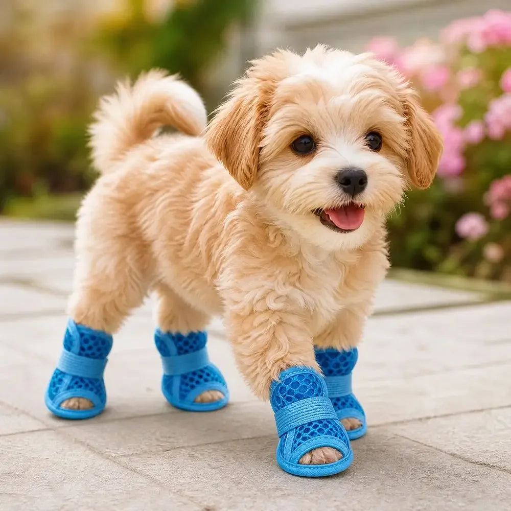 4PC Breathable Mesh Dog Shoes for Small Dogs Summer Pet Sandals Anti Slip Elastic Strap Outdoor Puppy Booties Cute Paw Protector