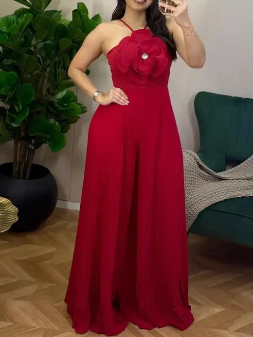 Jumpsuit Women 2026 New Spring Fashion Sparkling Rhinestone 3D Flower Decor Halter Elegant High Waist Wide Leg Pleated Romper