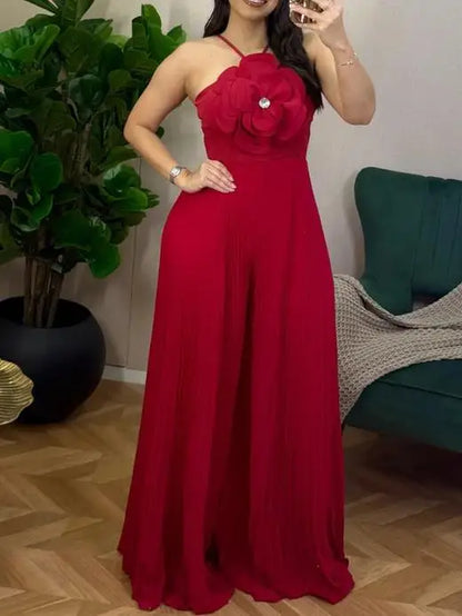 Jumpsuit Women 2026 New Spring Fashion Sparkling Rhinestone 3D Flower Decor Halter Elegant High Waist Wide Leg Pleated Romper