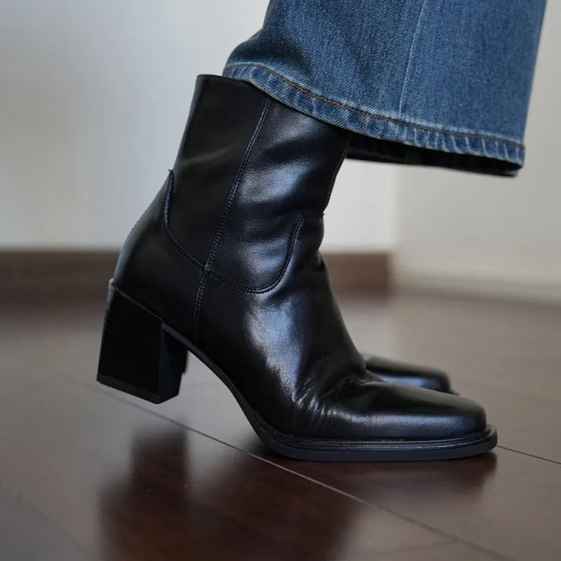 Elegant Office Ladies Chunky Heels Genuine Leather Short Boots Square Toe New Designer Shoes Women Vintage Cowhide Ankle Boots