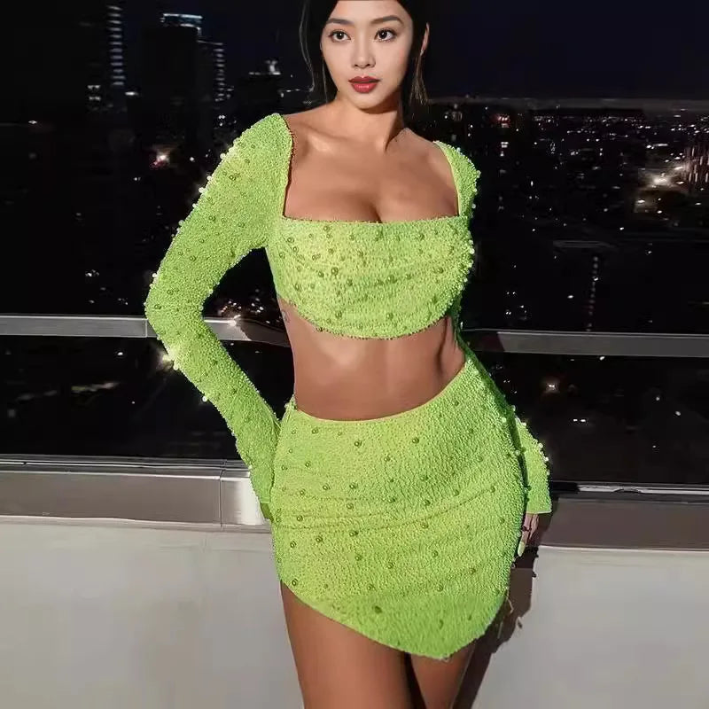 Luxury Y2k Bodycon Sexy Two-piece Set Skirt Sets Sequins Pearls Women Outfits Evening Party Gowns Chic Dresses Short Suits White