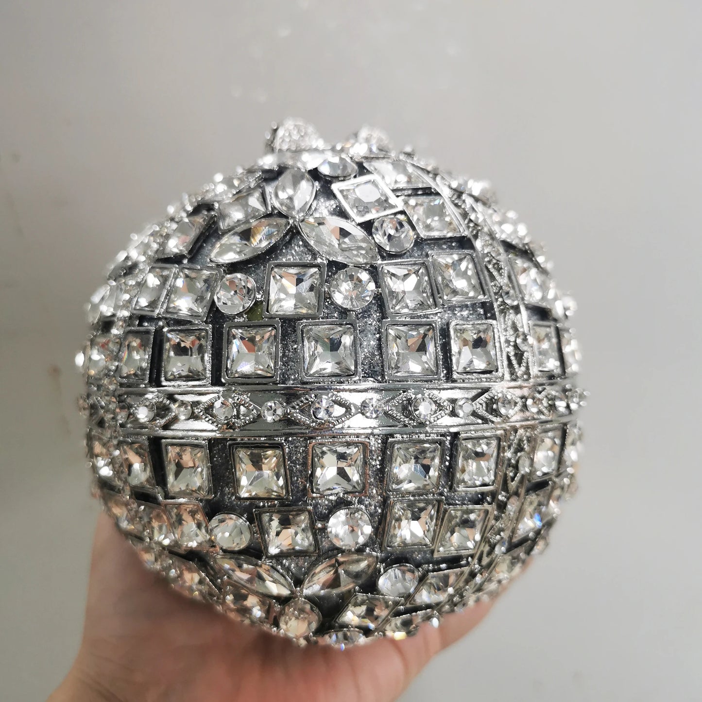 Woman Silver Crystal Stone Ball Shape Evening Bag Banquet Birthday Party Gift Lady Handbag Wedding Bridal Diamond Hollow Purse