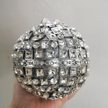 Woman Silver Crystal Stone Ball Shape Evening Bag Banquet Birthday Party Gift Lady Handbag Wedding Bridal Diamond Hollow Purse