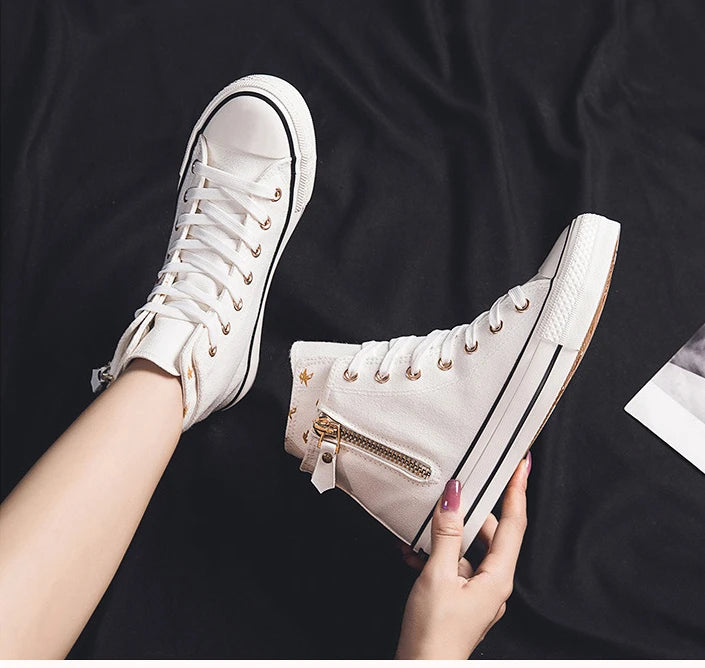 High-top Canvas Shoes for Women Fashion Casual Mid-Top Flat Women's Sneakers Designer Side Zipper Woman's Shoes Zapatos De Mujer