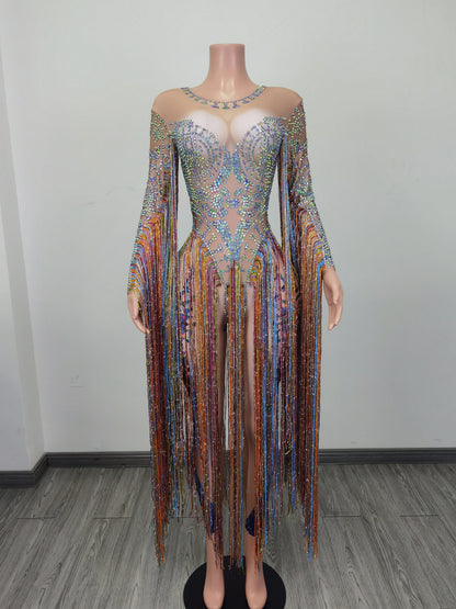 Fashion Rhinestone Tassel Rompers Women One Piece Jumpsuits Sexy Women Party Prom Stage Performance Dance Leotard Club Bodysuits