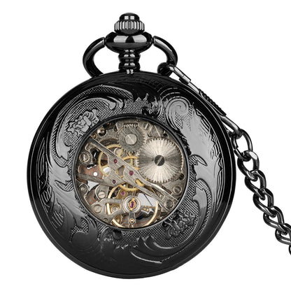 Manual Men's Mechanical Pocket Watch Hollow Design Roman Numerals Vintage Metal Pocket Watch Clock Chain Pendant Blue
