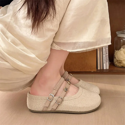 Women's Woven Mary Jane Mules Flat Round Toe Slip-On Shoes with Buckle Straps and Rose Hardware Casual Balletcore Summer Sandals