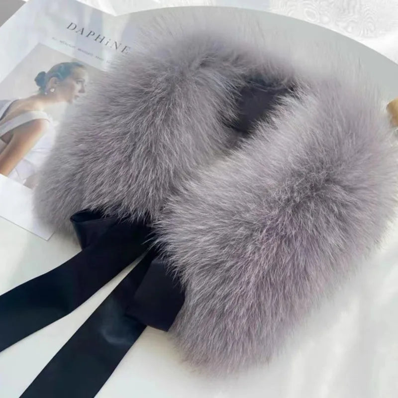 Winter Warm Fox Fur Collar Female Real Fur Collar Fashion Fluffy Clothing Accessories Collar Women Luxury Fur Scarf With Ribbons