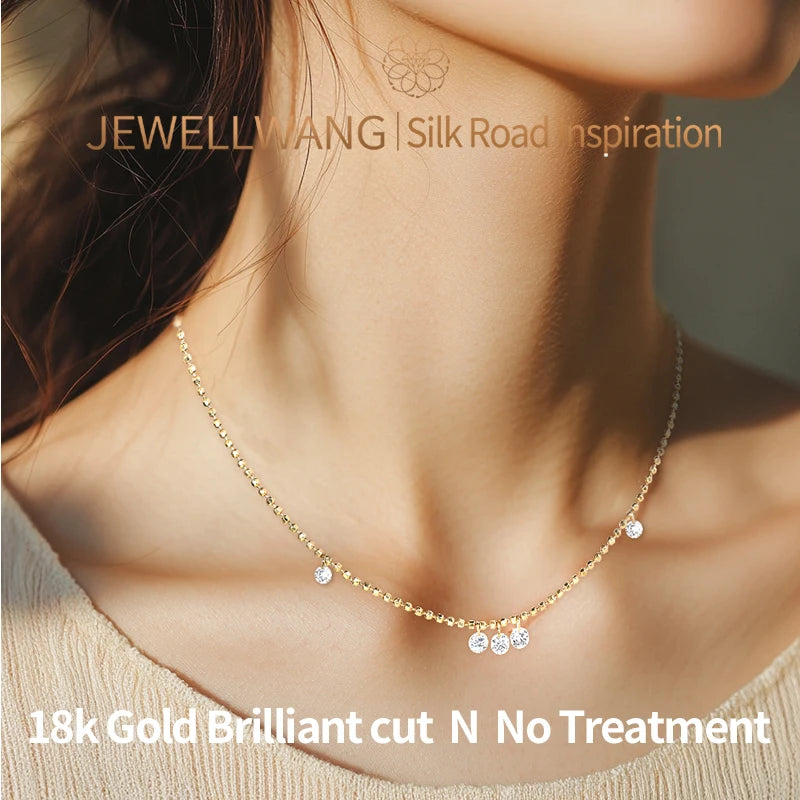 JEWELLWANG Floating Shine Lab Created Diamond Pendant 18K Yellow Gold Round Bead Adjustable Chain Suspended Real Diamond Gift