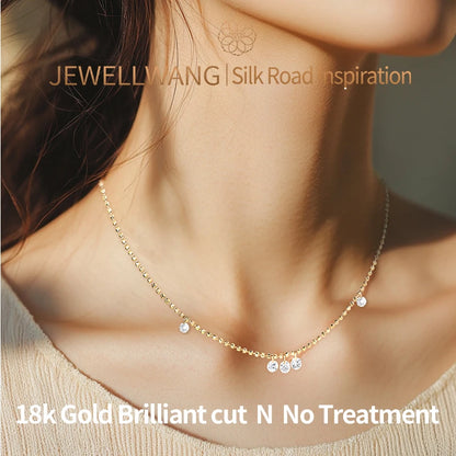 JEWELLWANG Floating Shine Lab Created Diamond Pendant 18K Yellow Gold Round Bead Adjustable Chain Suspended Real Diamond Gift