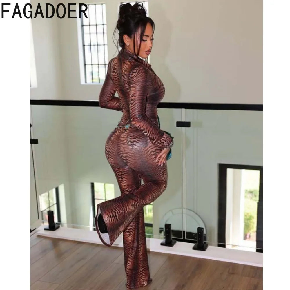 FAGADOER Y2K Fashion Tiger Striped Print Pants 2 Piece Sets Cool Girl Street Zipper Lapel Long Sleeves Top + Flare Pants Outfits