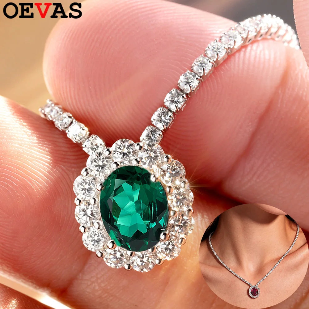 OEVAS 2CT 7X9MM Oval Lab Grown Emerald/Ruby/Moissanite Pendant Necklace For Women S925 Silver Plated 18K Luxury Dainty Jewelry