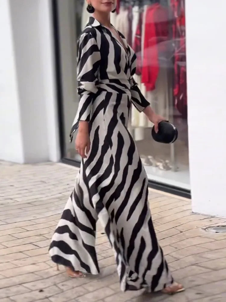 UOOZEE 2026 New Zebra Printed Lapel Jumpsuits For Women Long Sleeves High Waisted Wide Leg Urban Casual Office Commute Overalls