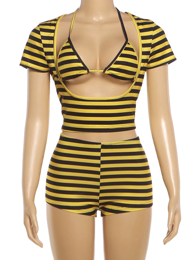 Weird Puss Stripe Patchwork 3 Piece Set Woman Lace-Up Halter Bra Tops+Low-Neck Short Sleeve T-Shirt+Mini Shorts Sexy Bikini Suit