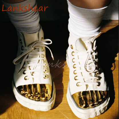 Golden Five Fingers Catwalk Ladies Shoes 2024 Summer New Sexy Street Thick Sole Sports Casual Pumps Model Party Lace Up Sneakers