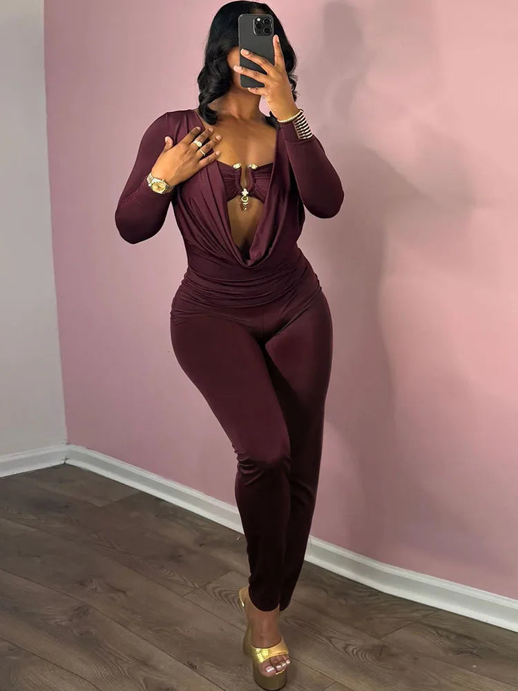 Sisterlinda Swinging Neck Slim Jumpsuits Sexy Hot Solid Cleavage Full Sleeve Elastic Overalls+Inside Chest Tanks Mujer Clubwear