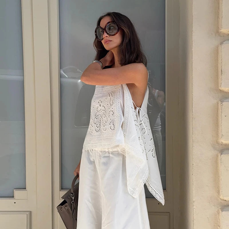 Fashion Women's White Hollow Out Sling Top Loose Sleeveless Backless Lace Up Irregular Hem All-match Tops 2026 Summer Lady Vest