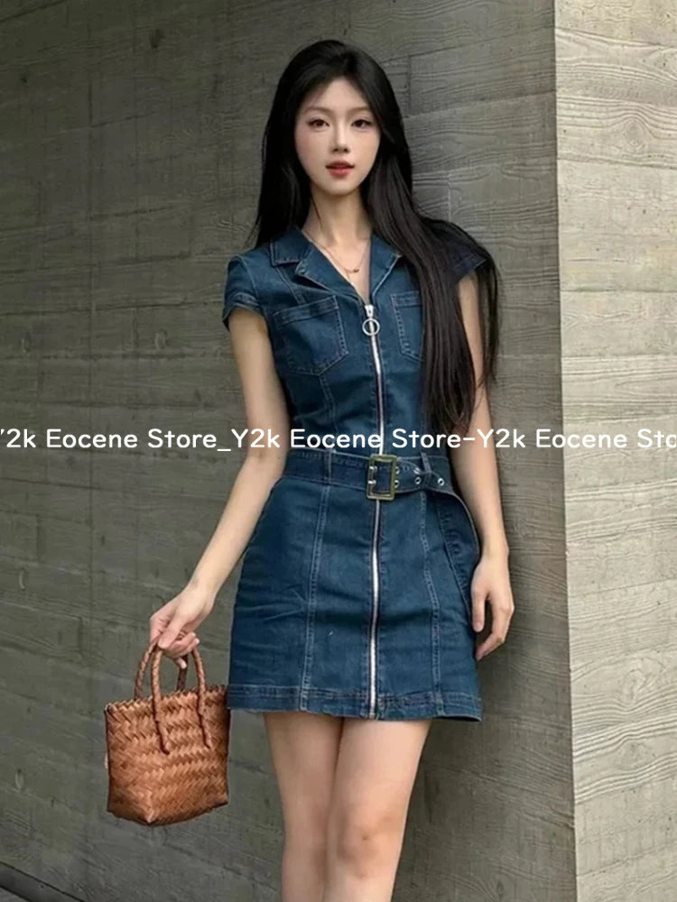 American Retro Black Denim Short Dress Women Summer Zipper Elegant Slim One Piece Dress Korean Fashion Design Casual Clothing