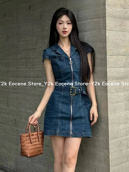 American Retro Black Denim Short Dress Women Summer Zipper Elegant Slim One Piece Dress Korean Fashion Design Casual Clothing