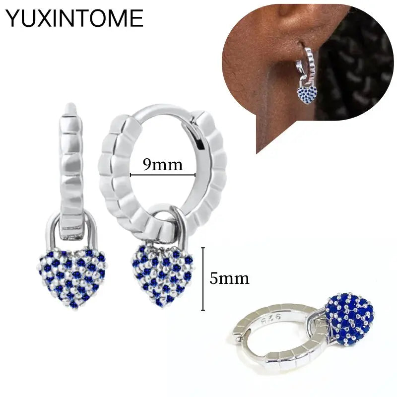 925 Sterling Silver Needle Dark Blue Crystal Silver Earrings Women's Exquisite Heart Blue Pendant Hoop Earrings Luxury Jewelry