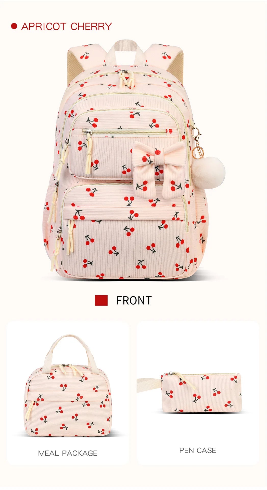 2026 High Quality Corduroy Three Piece Backpack with Cherry Pattern Princess Large Capacity Lightweight School Bag mochilas