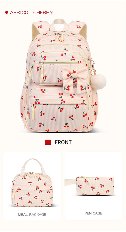 2026 High Quality Corduroy Three Piece Backpack with Cherry Pattern Princess Large Capacity Lightweight School Bag mochilas