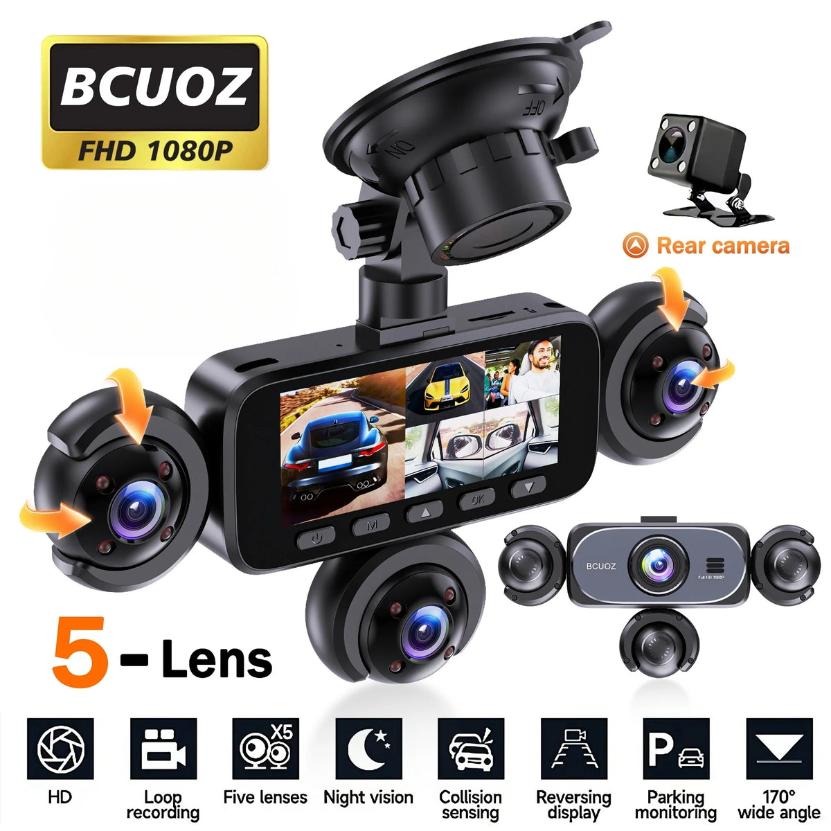 BCUOZ 5-Lens 360° Dashcam 1080P Front 720P Rear Left Right Car Cameras 360° Car Video Recorder Black Box Super Night Vision Loop Recording G-Sensor WDR 12-24V Plug Power Supply Optional 64GB Memory Card
