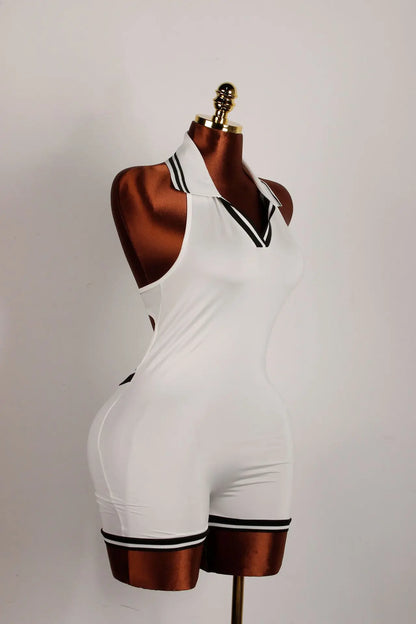 HLJ&GG Summer New Stripe Halter Lapel One Piece Rompers Women Sleeveless Backless Bodycon Jumpsuits Sexy Stretchy Overalls 2025