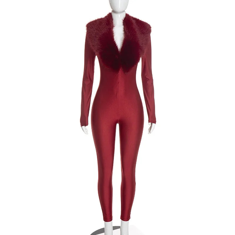 FAGADOER Women Fall Winter Bodycon Jumpsuit Faux Fur Collar Long Sleeve Deep V Neck Slim Fit Sexy Club Party One Piece Outfit