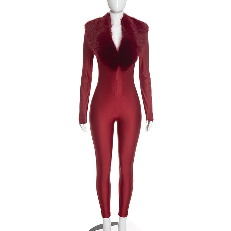 FAGADOER Women Fall Winter Bodycon Jumpsuit Faux Fur Collar Long Sleeve Deep V Neck Slim Fit Sexy Club Party One Piece Outfit