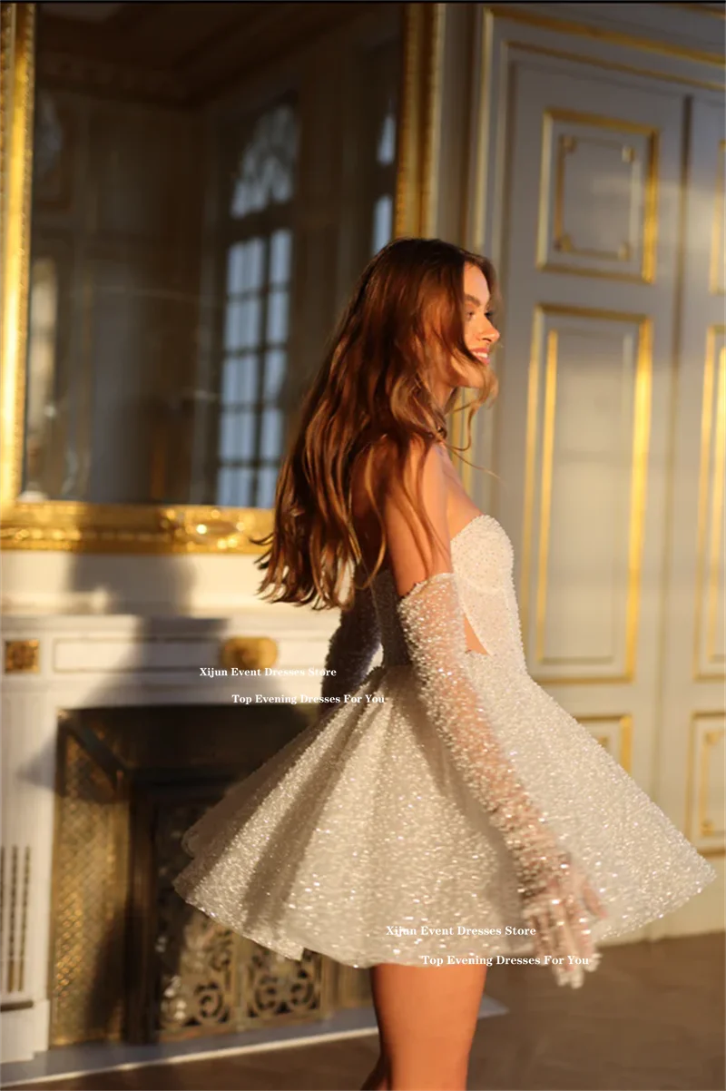 Xijun Glitter Short Wedding Dresses Sweetheart Sleeveless A-Line Prom Gown Formal Event Cocktail Birthday Party Dress Customized