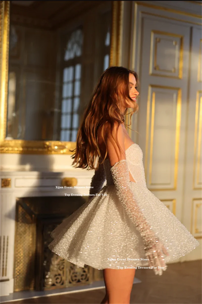 Xijun Glitter Short Wedding Dresses Sweetheart Sleeveless A-Line Prom Gown Formal Event Cocktail Birthday Party Dress Customized